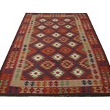 Burgundy Wool Kilim Rug, Large Afghan Tribal Flatweave 304x200cm