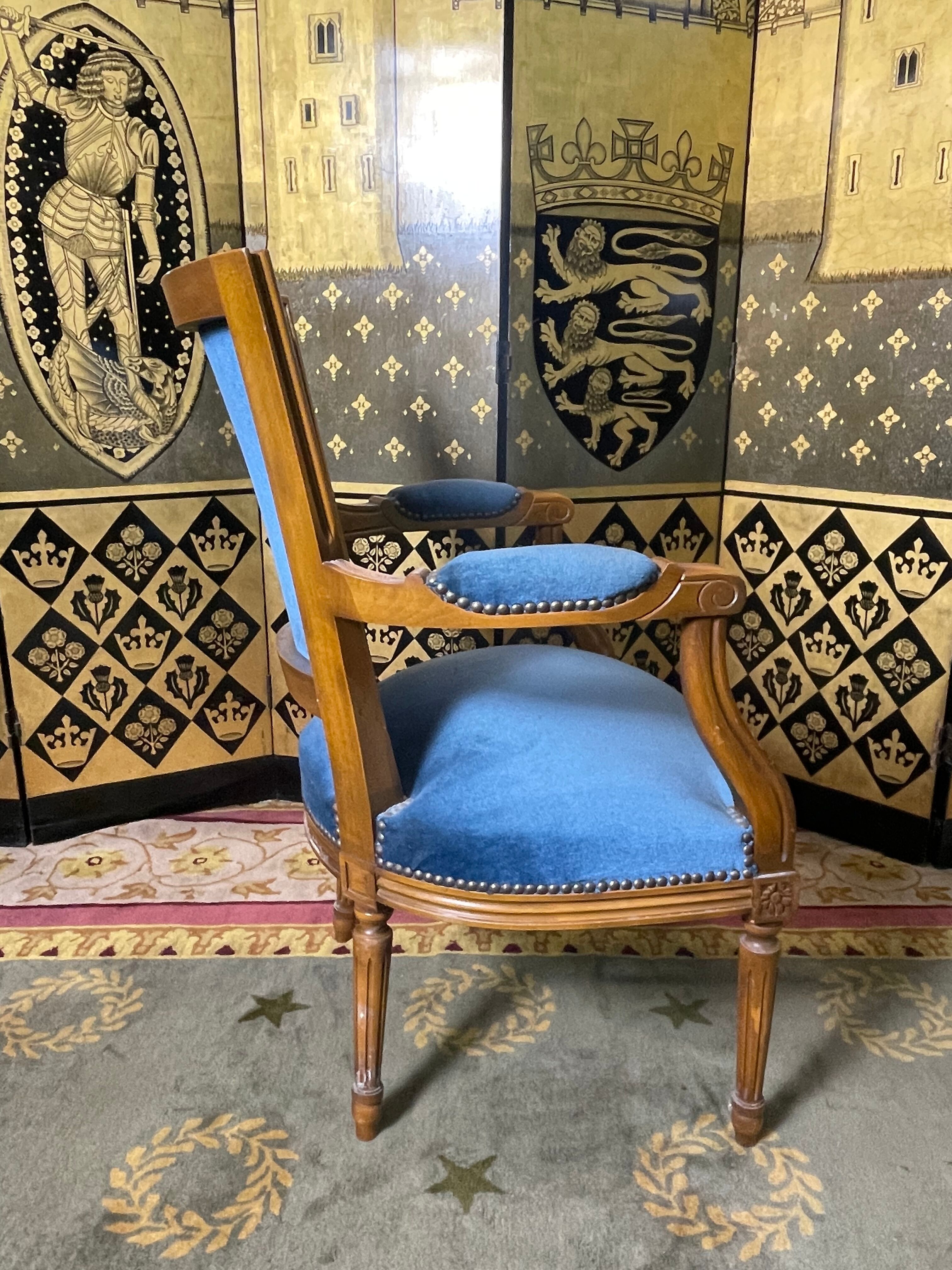 Louis XVI style convertible armchair blue velvet