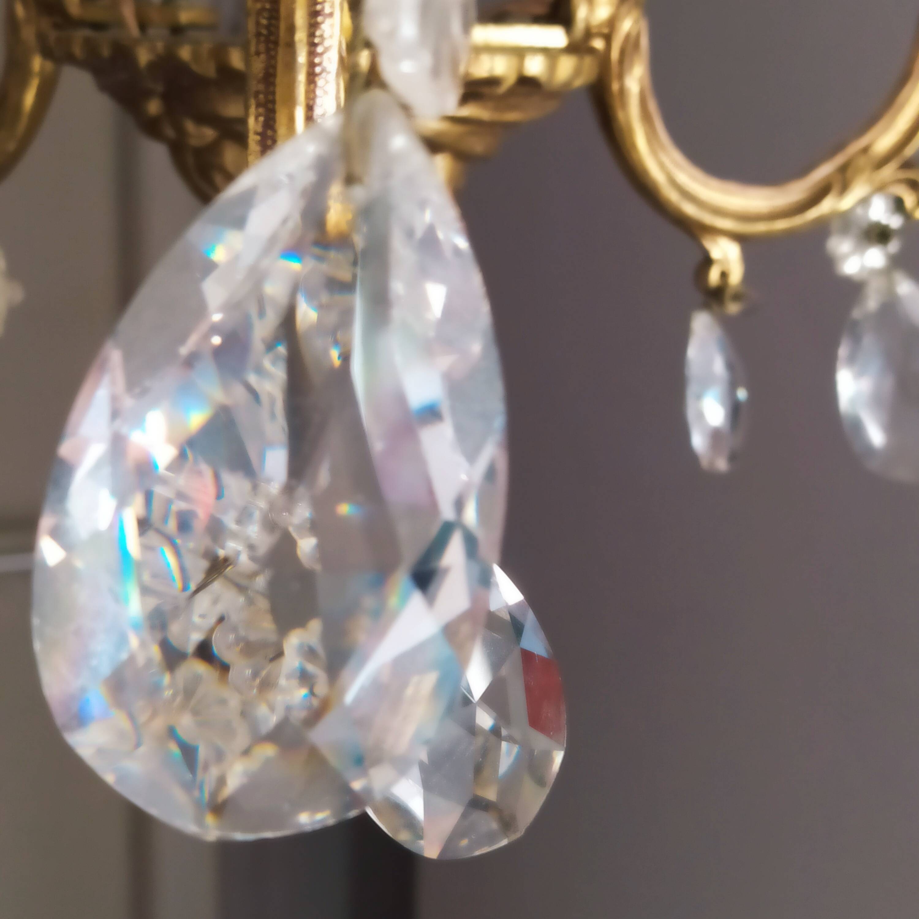 Louis xv bronze chandelier with crystal pendants 3 lights