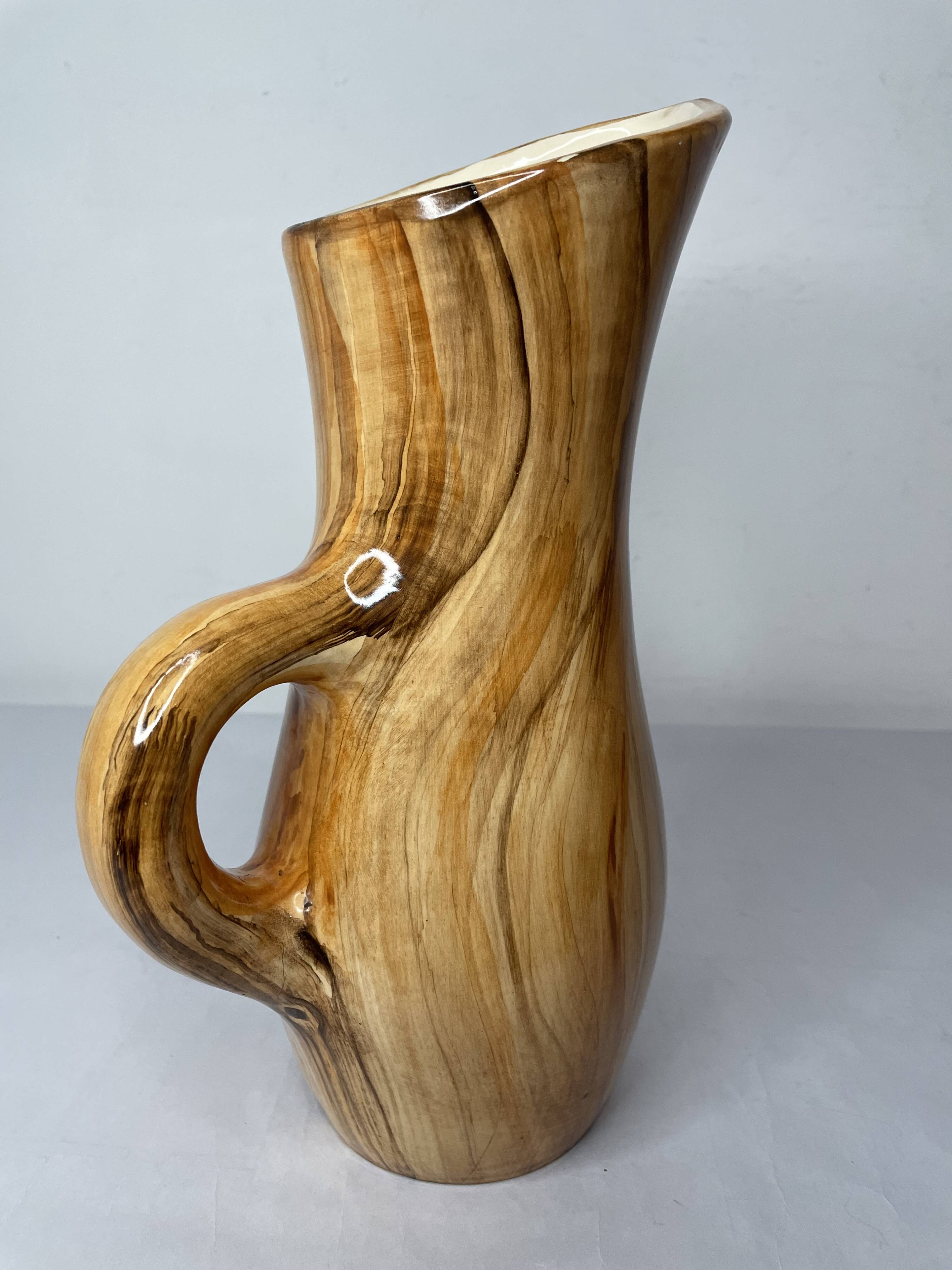 Wood imitation ceramic pitcher signed RDelarue