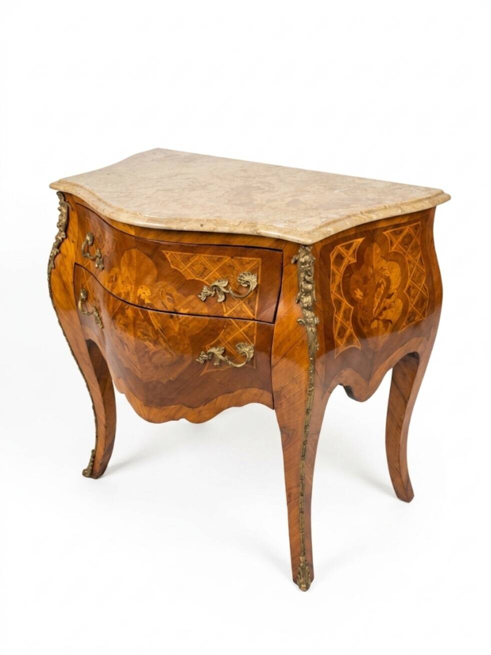 Curved Louis XV style commode in marquetry, mid-20th century.