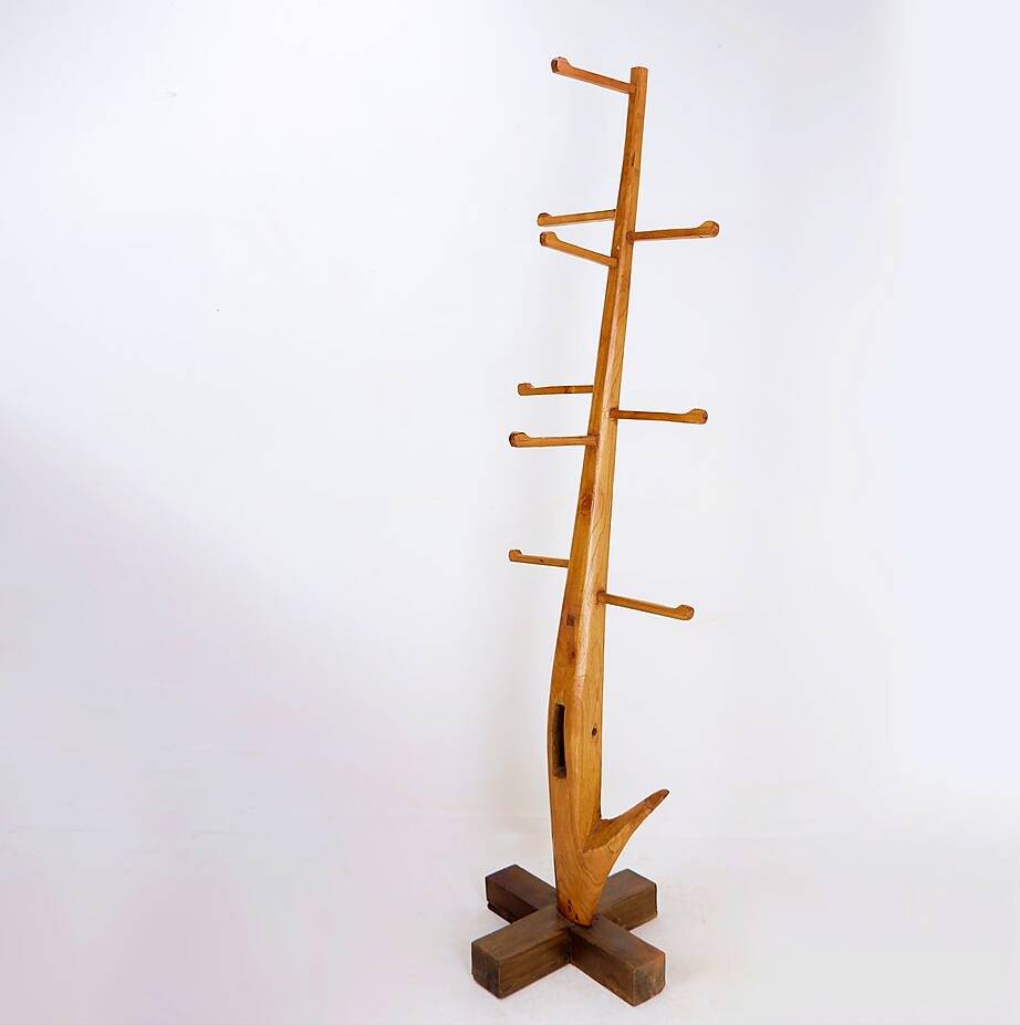 Vintage Brutalist wooden standing coat rack