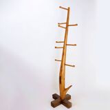 Vintage Brutalist wooden standing coat rack