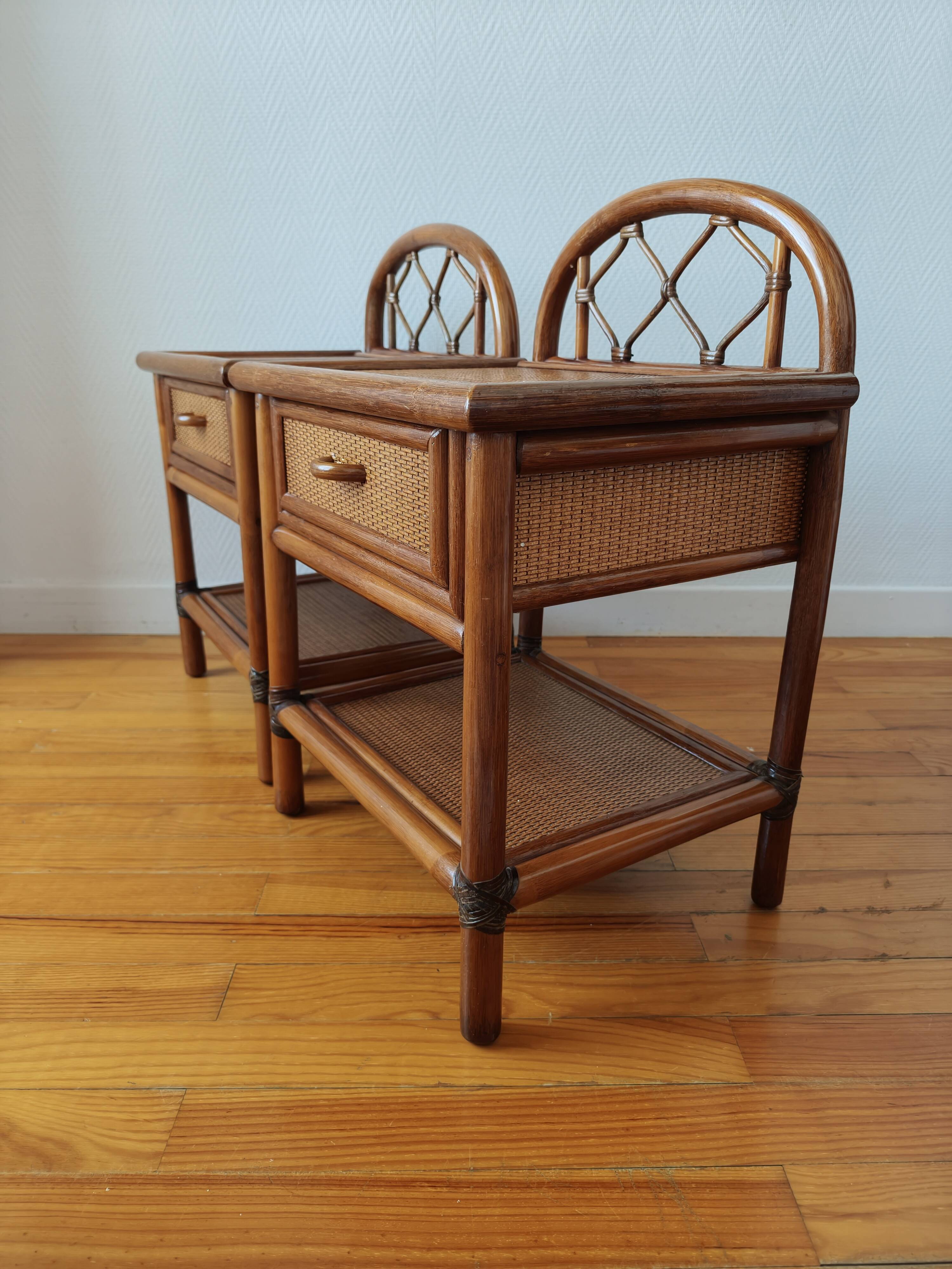 Pair of vintage rattan and cane bedside tables, 1970s