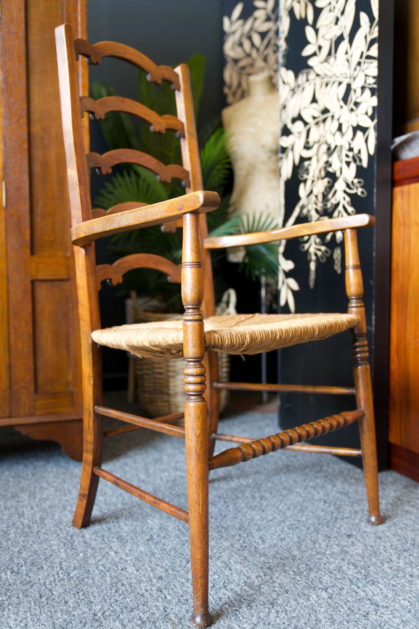 Arts & crafts solid oak ladder back occasional chair with rush seat