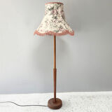 Vintage teak floor standard lamp / large fringed floral shade