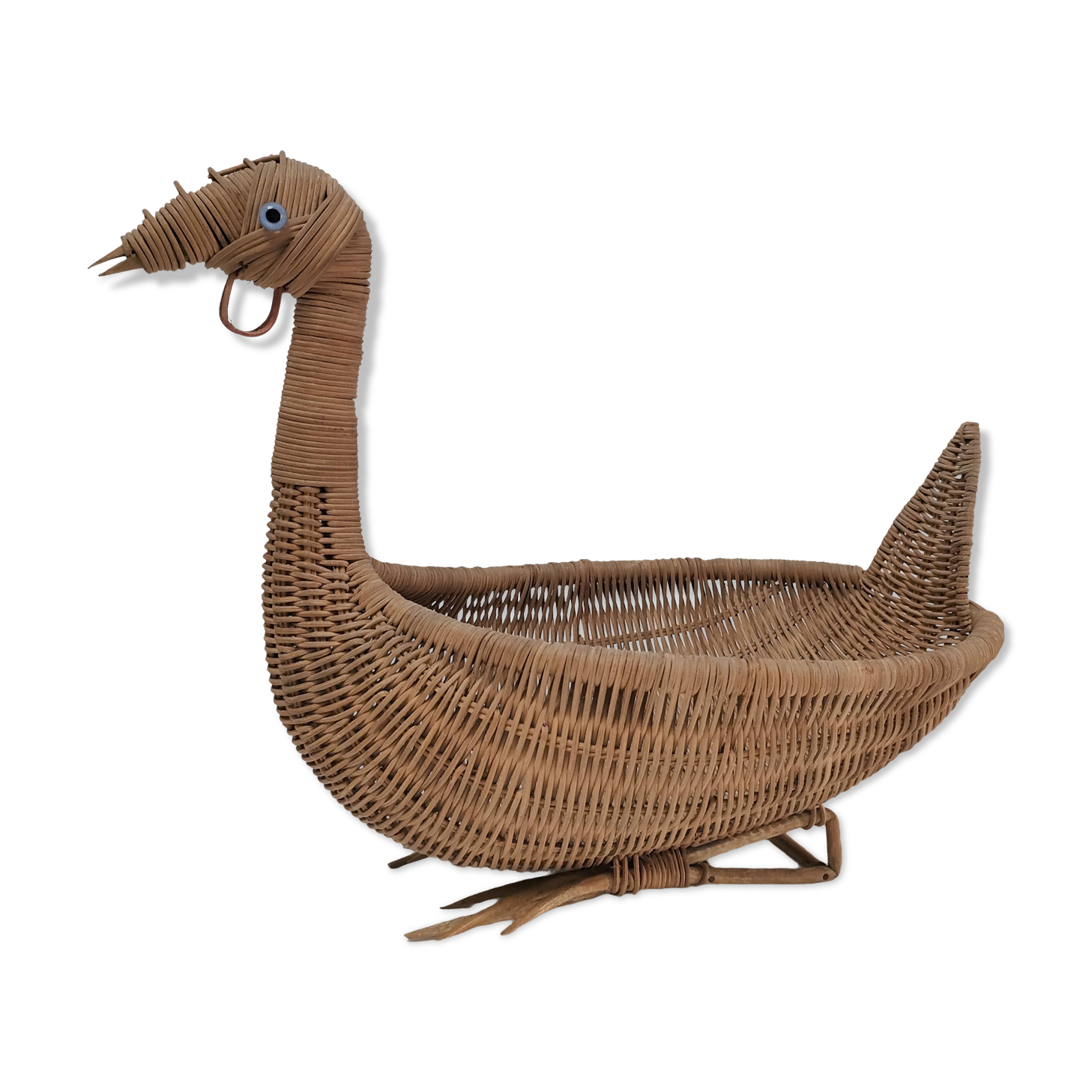 Zoomorphic basket bird, wicker braided vintage