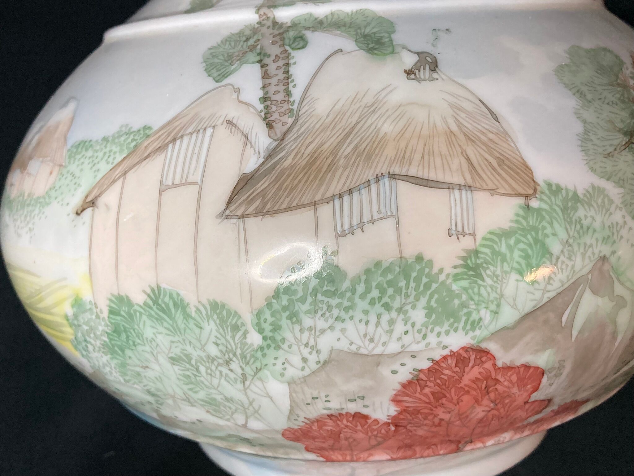 Pair of porcelain ball vases with cottage decor, late 19th century