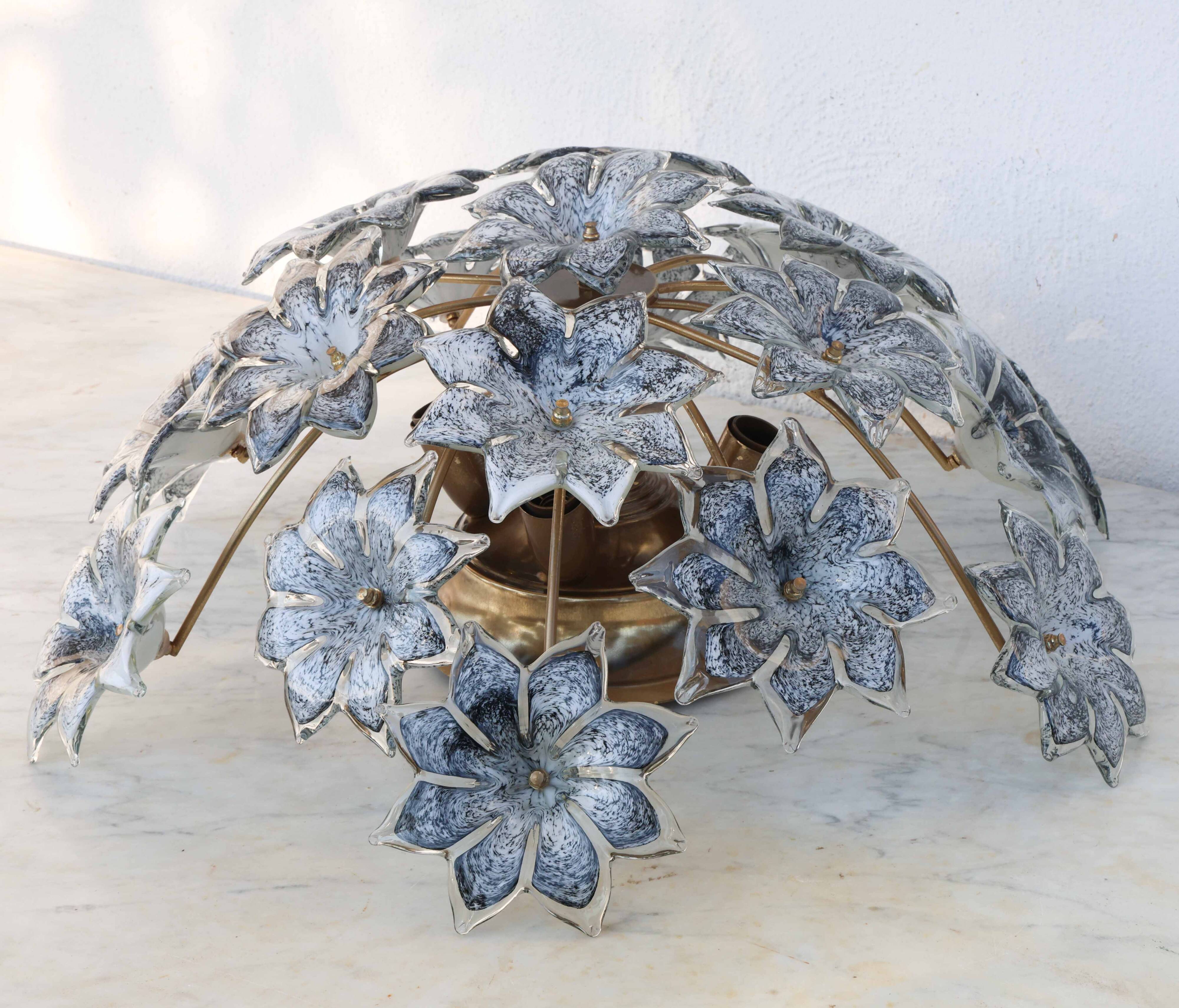 Large Murano Vintage Ceiling Light Black Flowers, 1970s