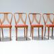 Set of 4 dining chairs in blond wood and faux leather red Italy 1950s