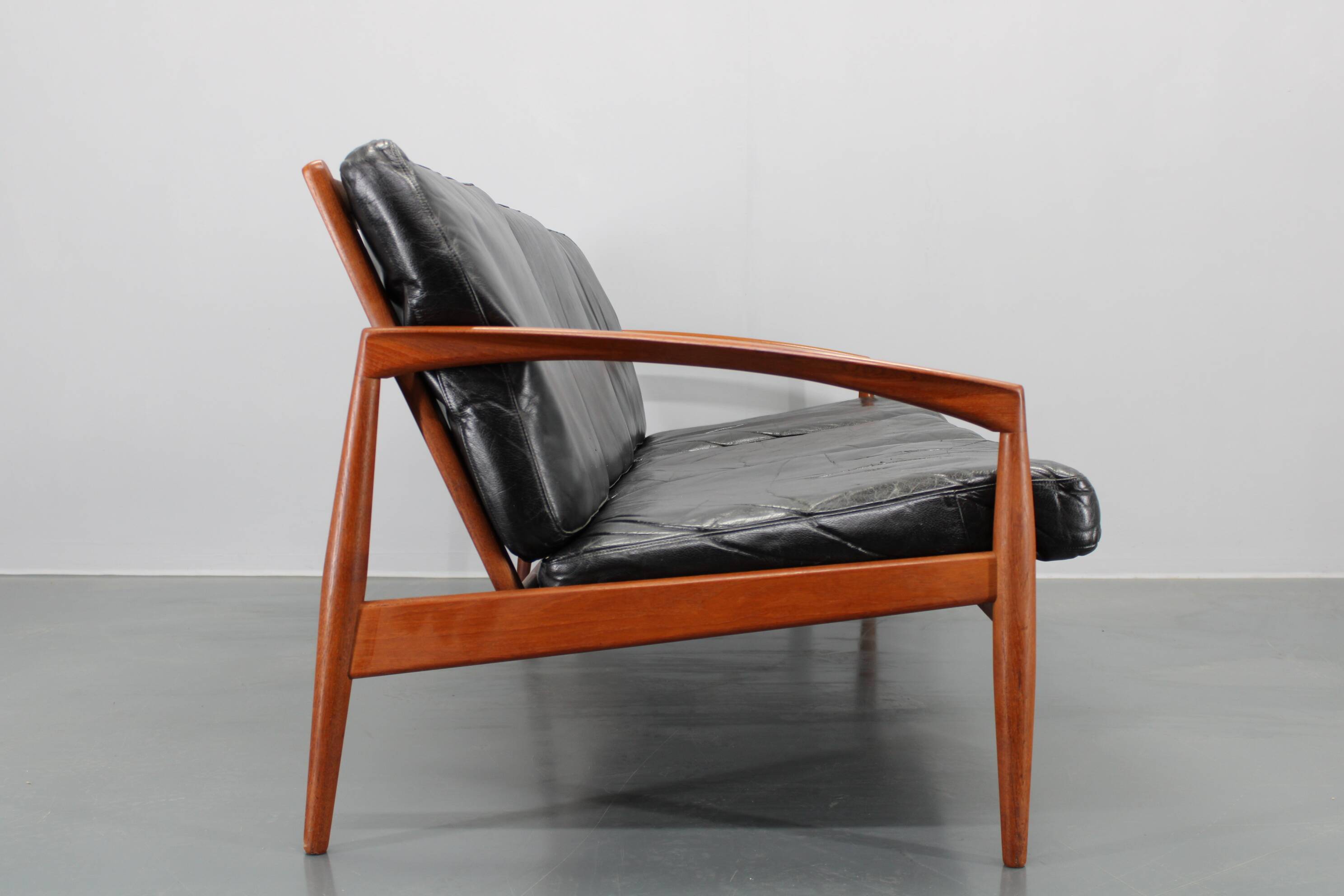 1960s Kai Kristiansen Paper Knife 3-Seater Teak Sofa in Leather , Denmark