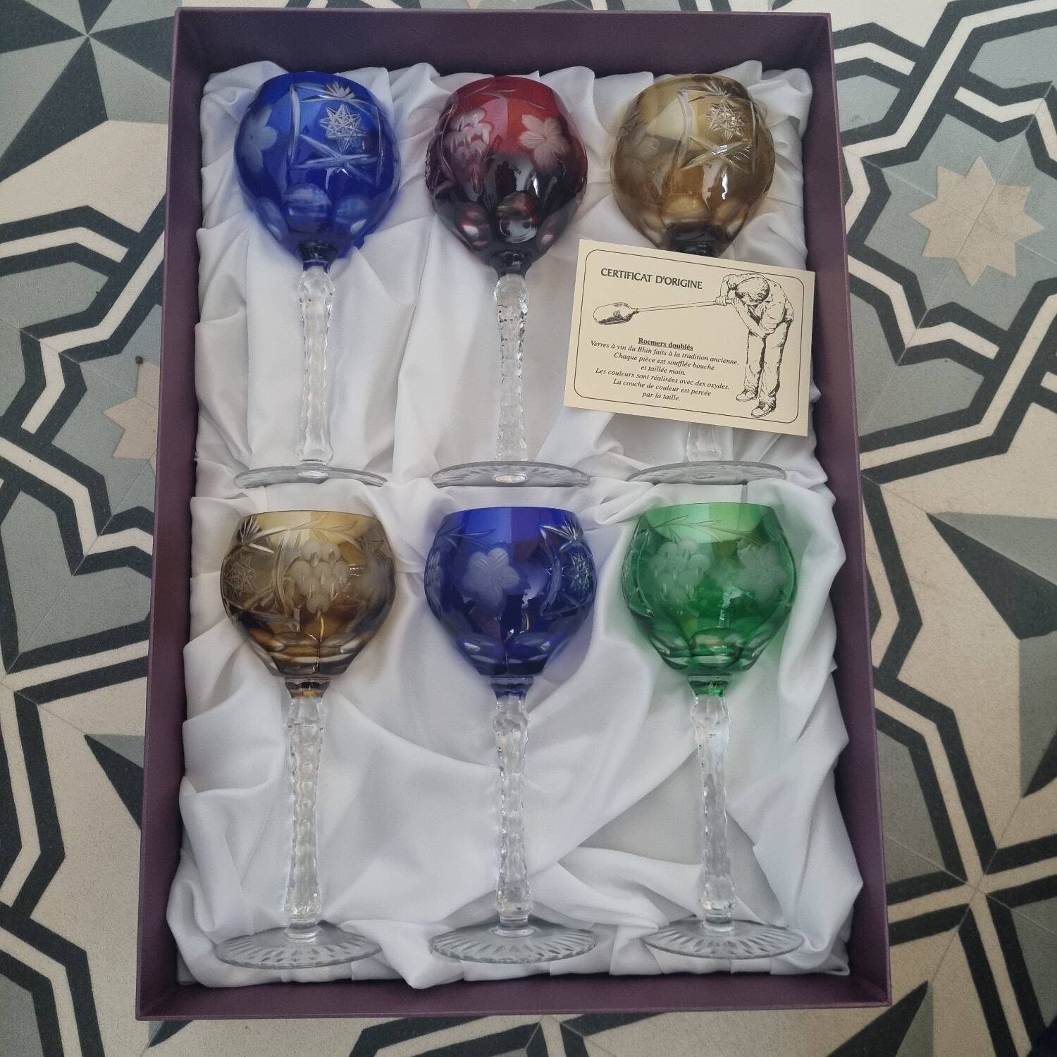 6 St Louis crystal colored glasses