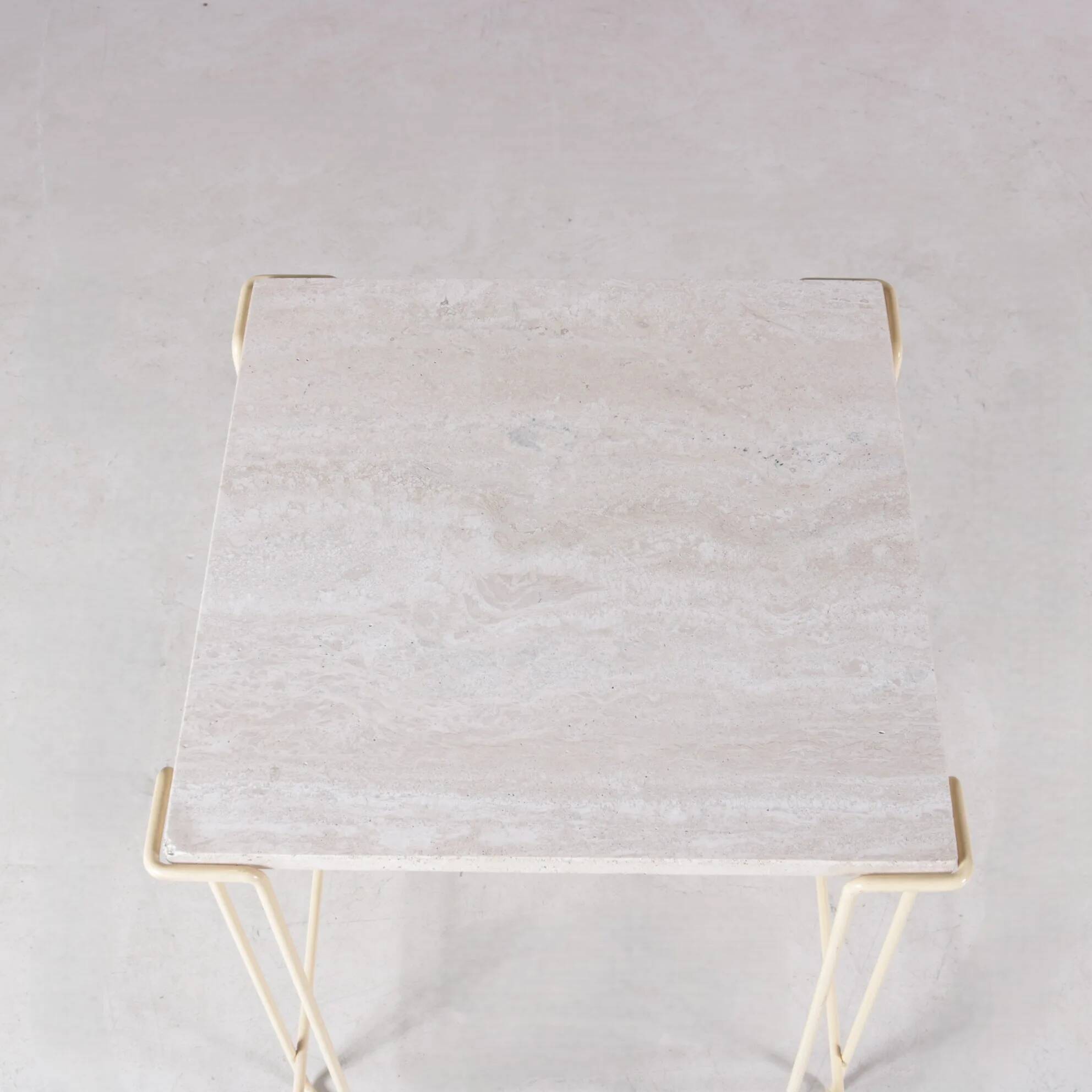 1980s side table beige metal frame with travertine top in the style of Max Sauze