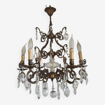 French Antique Bronze & Glass Cage Chandelier Adorned With Various Crystals 4662