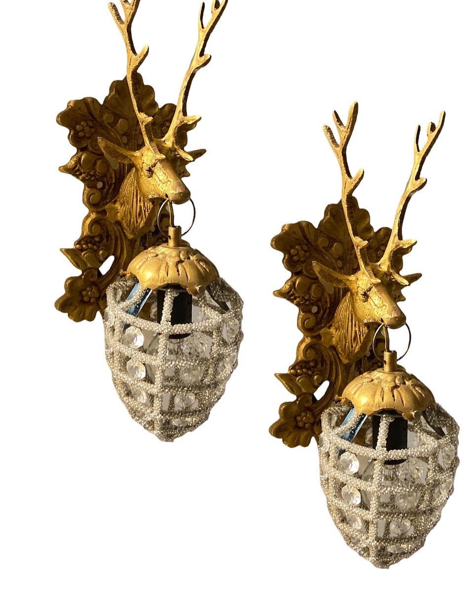 Crystal Beaded Stag Head Sconces, Set of 2