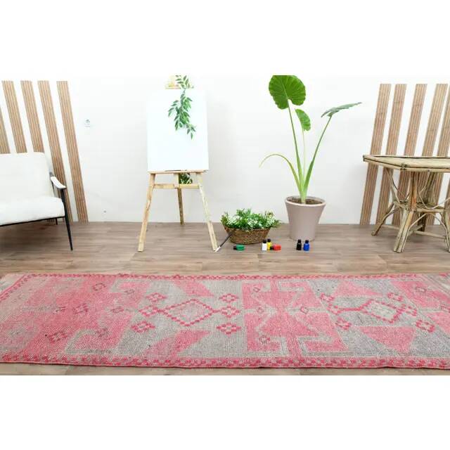 1970s Vintage Turkish Oushak Handmade Wool Cotton Pink Runner Rug 90x312
