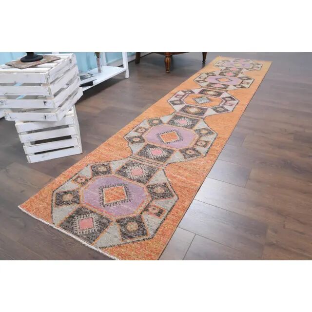 Tapis couloir vintage turc Oushak fait à la main en laine et coton orange 75x330