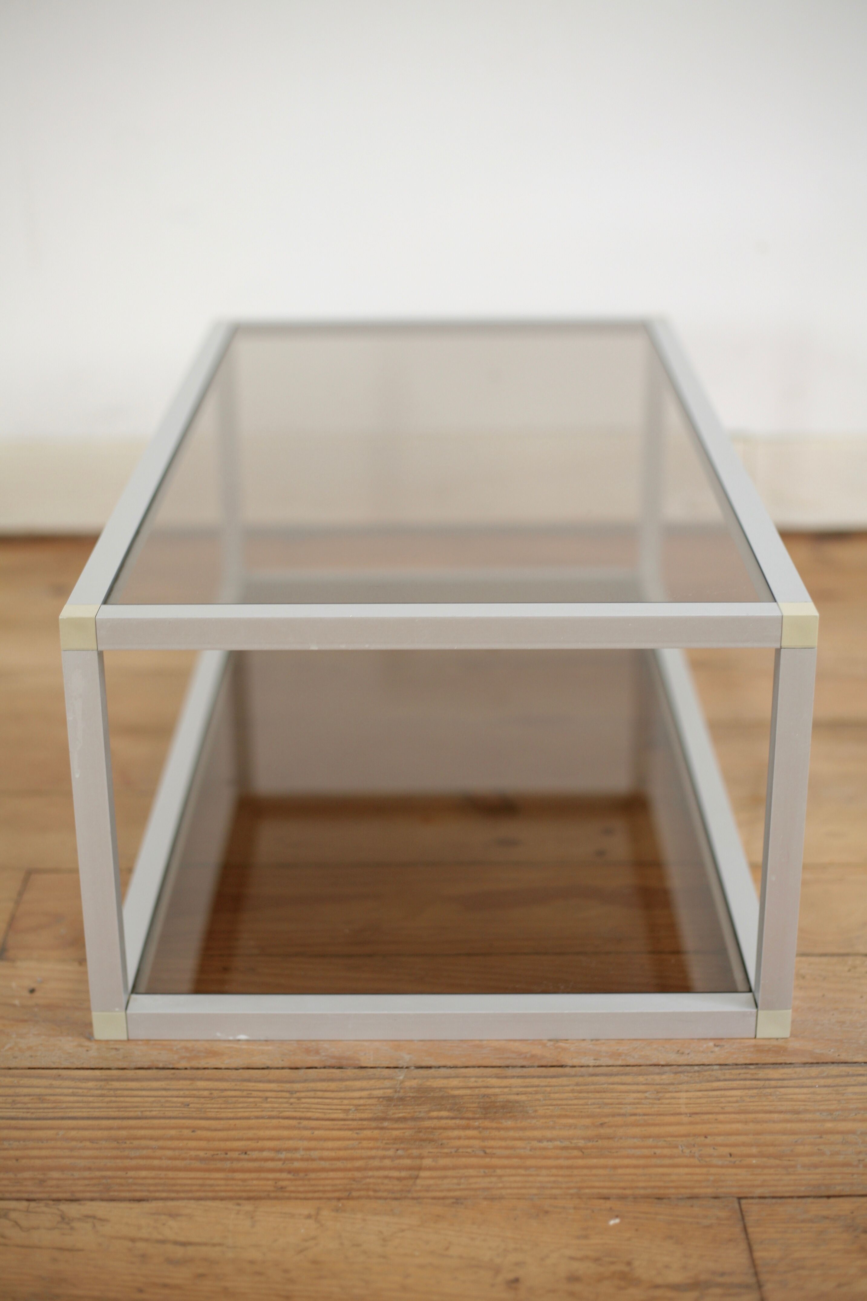 Aluminium coffee table and smoked glasses, France, circa 1980