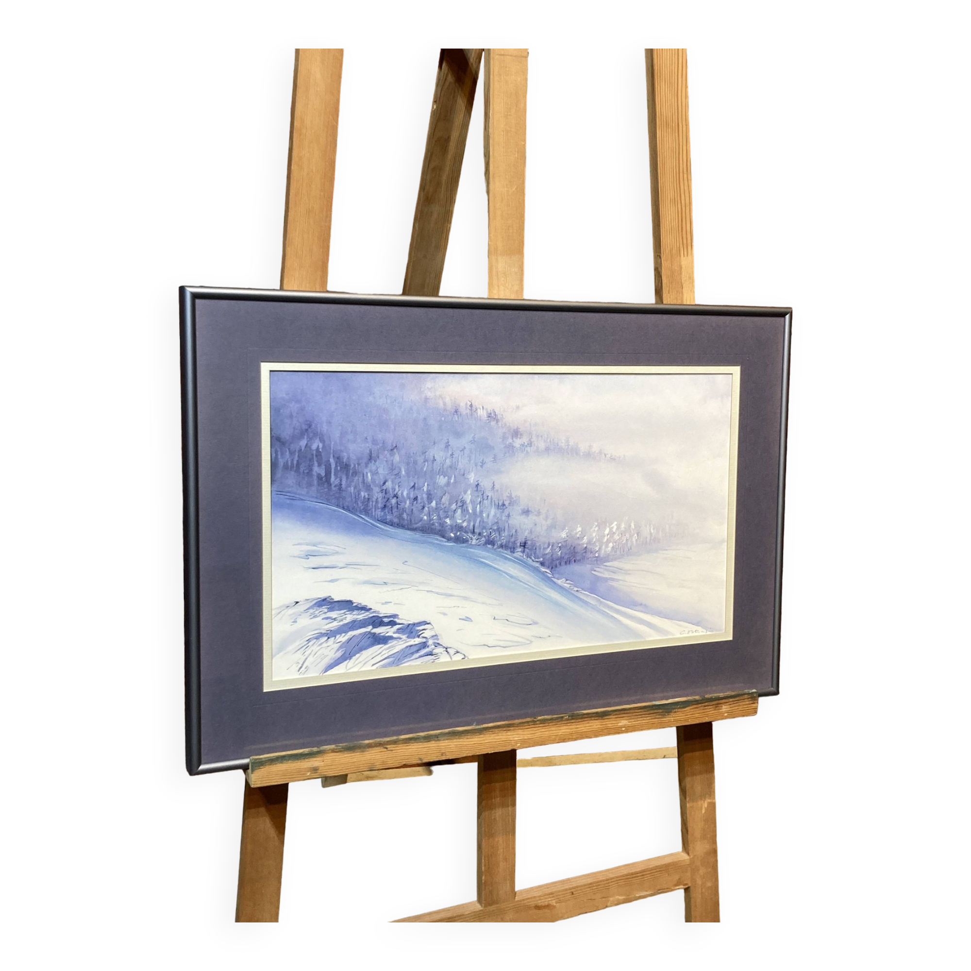 Framed entitled "first snow in the clamant son" by chantal estrangin