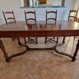 Marquetry wooden dining table with its 6 chairs.