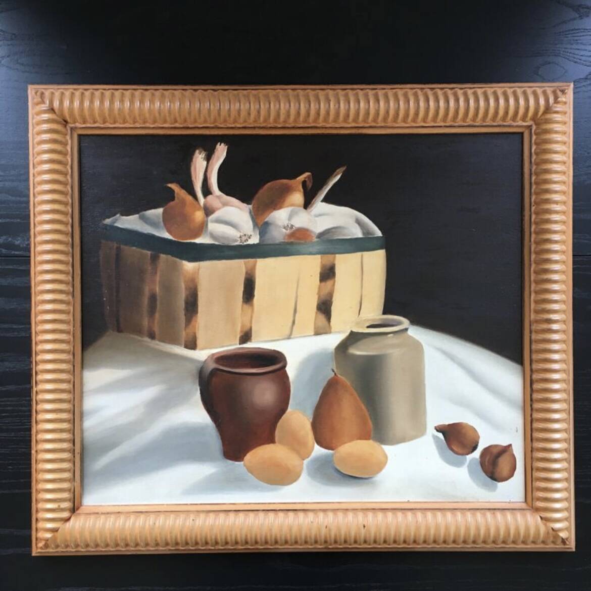 Still life painting of pots and vegetables