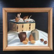 Still life painting of pots and vegetables