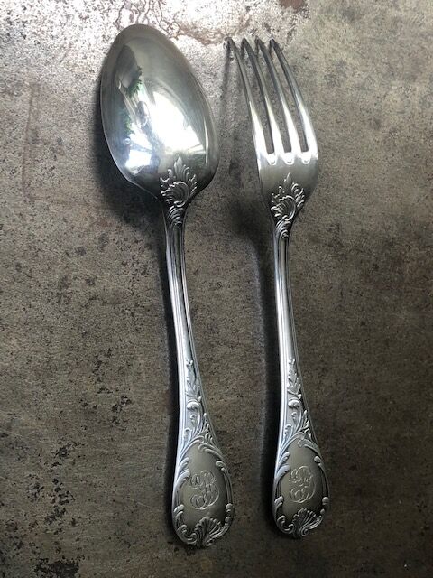 Pair of monogrammed cutlery "YB" Christofle Marly model