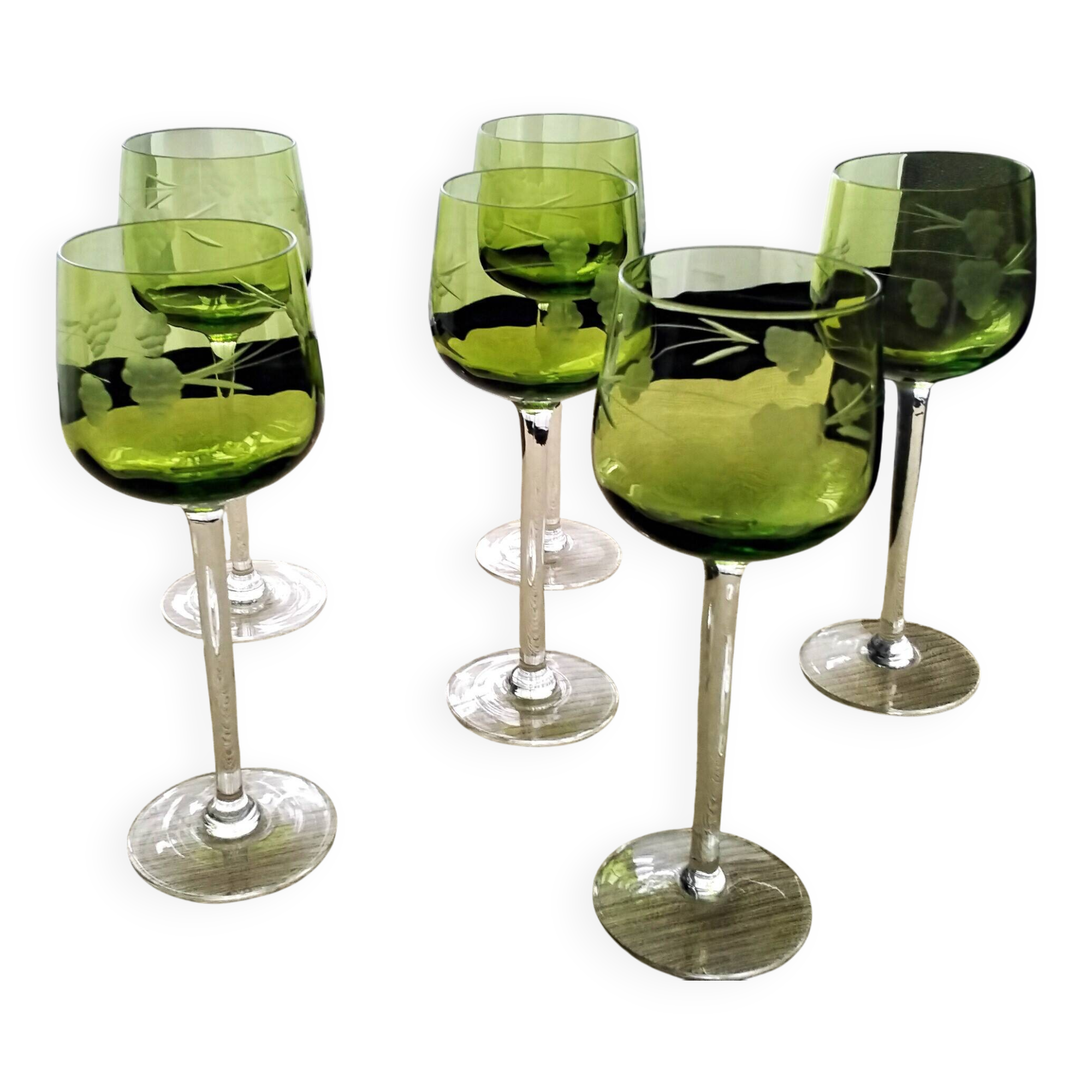 6 Antique Alsace White Wine Glasses with Engraved Decor