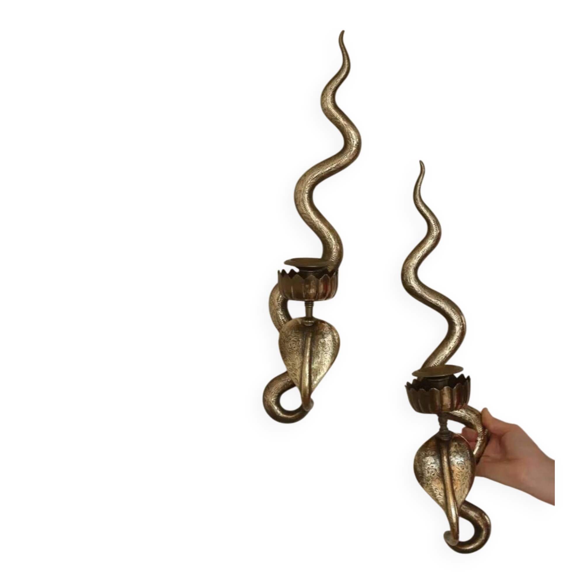 Pair of Egyptian Revival Style Engraved Brass Cobra Sconces