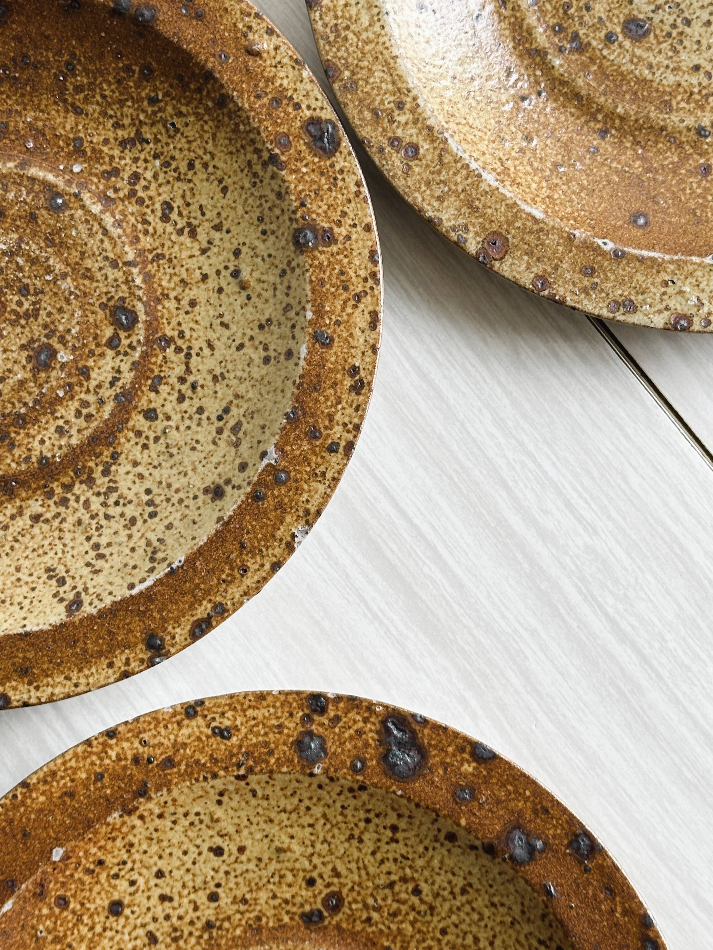3 assiettes en grès rustique, finition mouchetée marron et beige.
