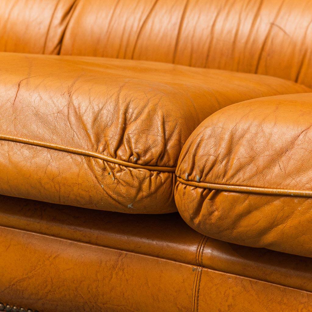 3-seater leather and wood sofa, 1950s vintage modernism