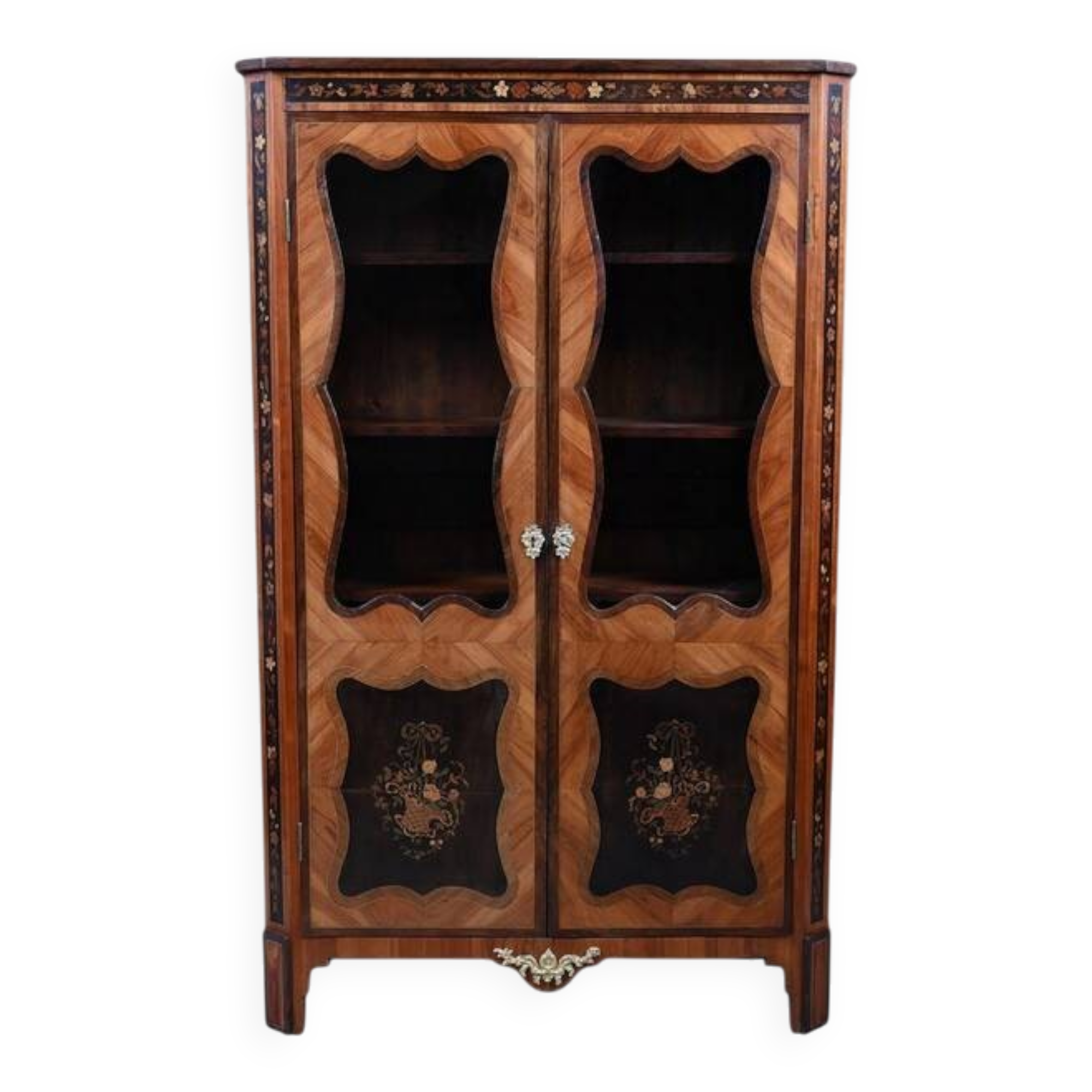 Showcase in precious wood marquetry, Louis XV Transition style.