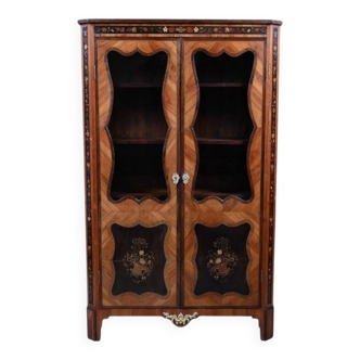 Showcase in precious wood marquetry, Louis XV Transition style.