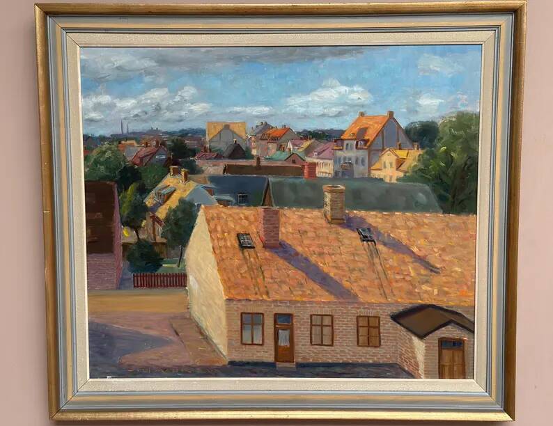 Large Original Swedish Oil on Panel – "Urban Landscape" by Wilhelm Matton – Signed – Dated 1947 – Framed – 83 × 73 cm (32.7 in × 28.7 in)