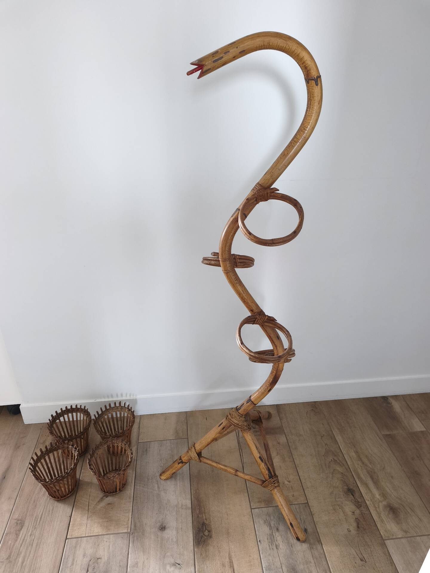 Vintage serpent plant stand in rattan and bamboo - 1960s