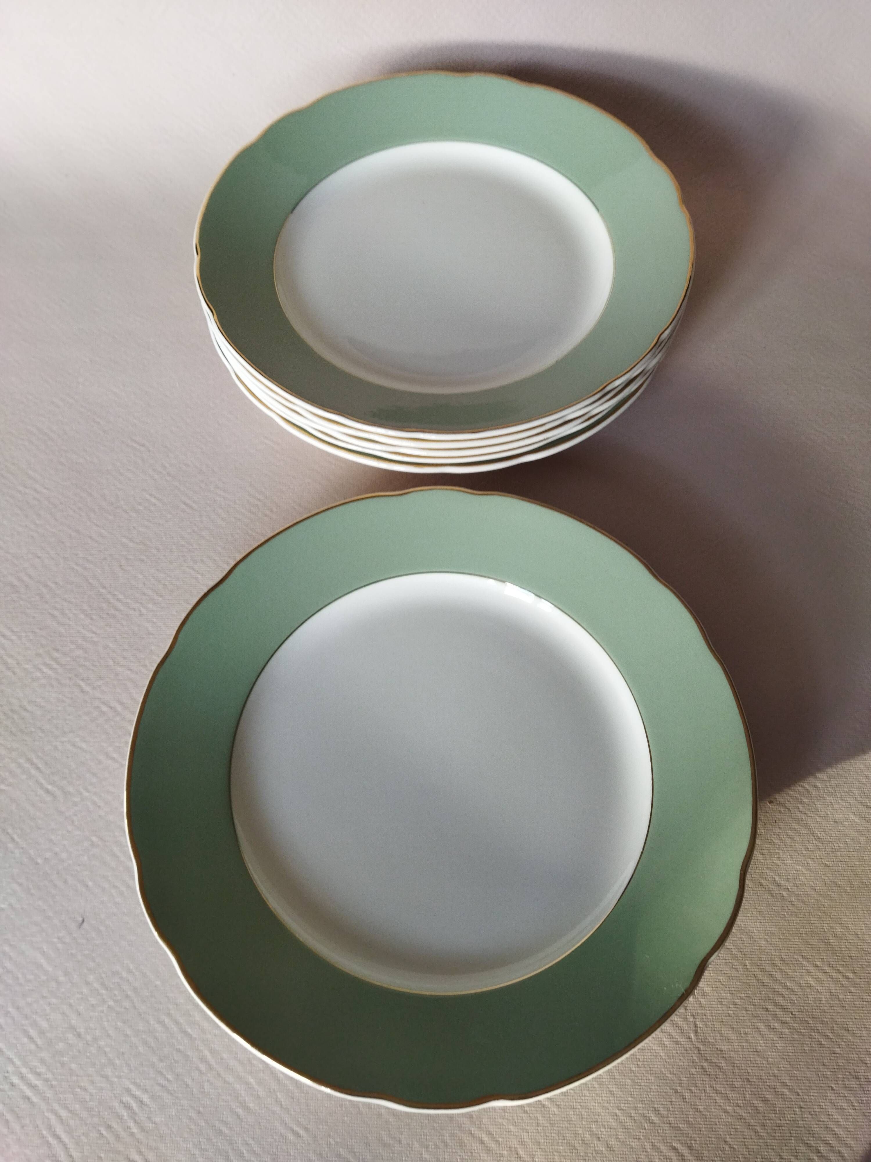6 flat plates Villeroy & Boch Mettlach celadon green and vintage gold 1960s