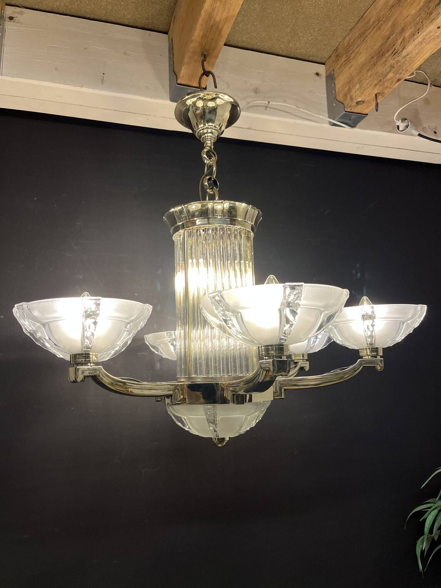 Art deco chandelier with chopsticks spirit Petitot bronze frosted glass Skyscraper