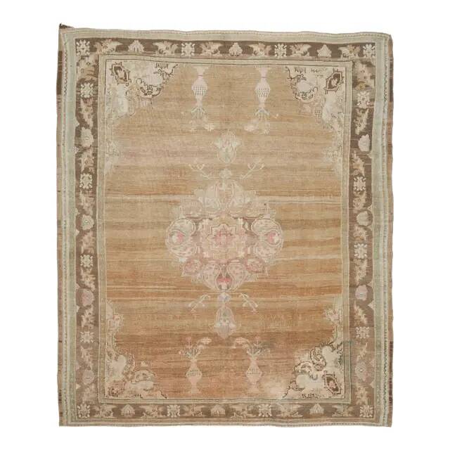 Vintage Turkish Hand-Knotted Wool Cotton Brown Area Rug 69x71