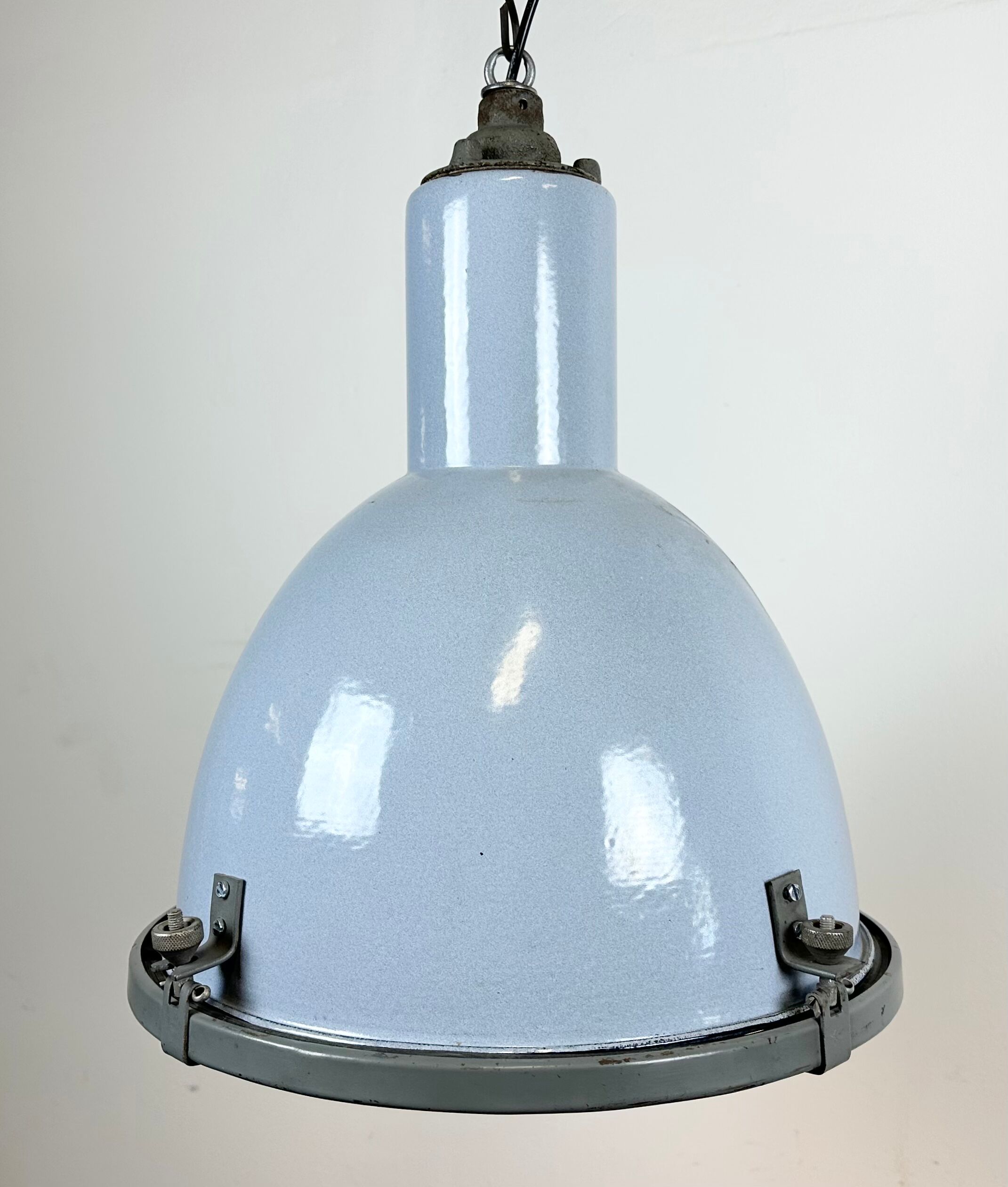 Bauhaus grey enamel industrial pendant lamp with glass cover, 1950s