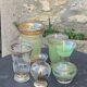 Set of 5 vases in green granite glass and vintage gold
