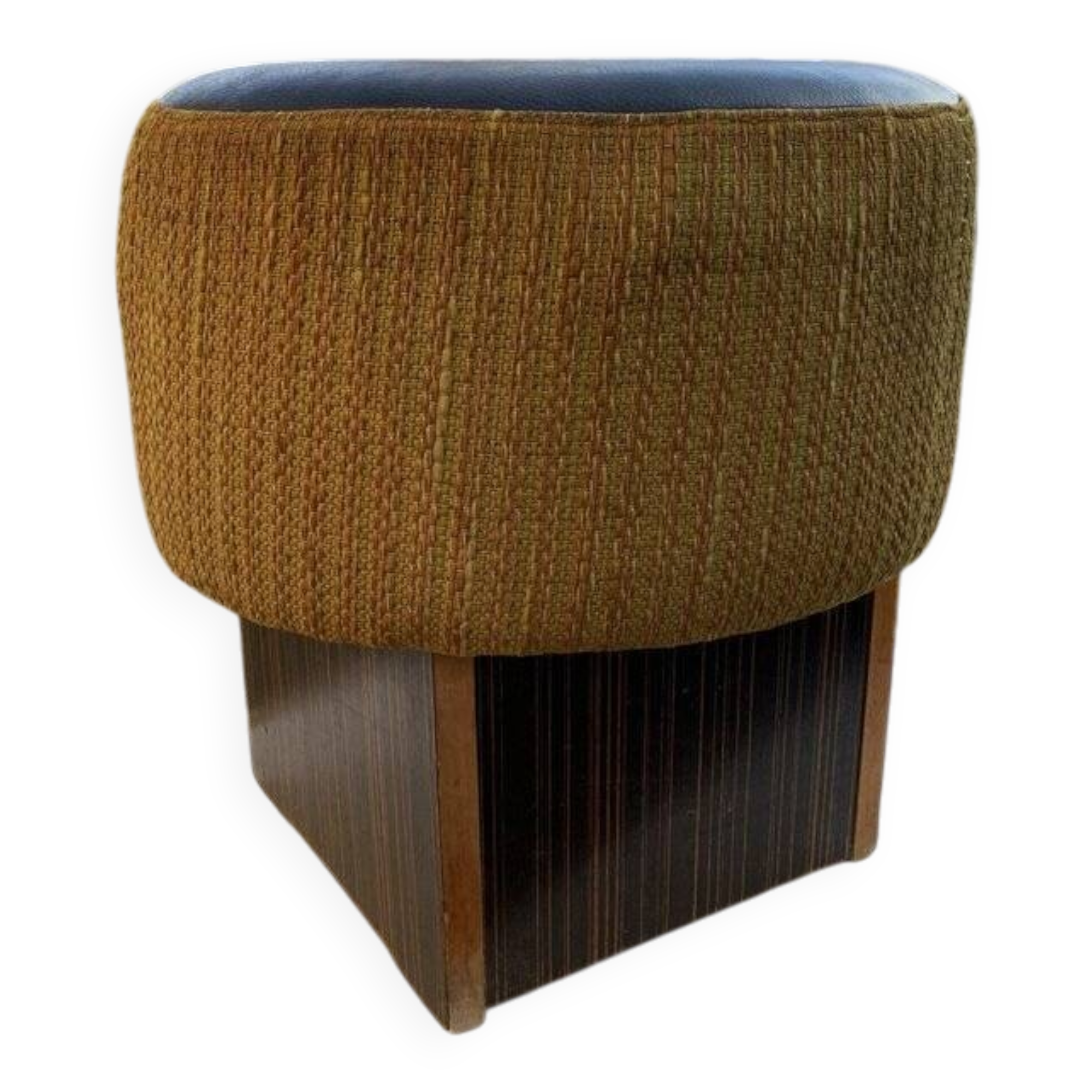 Black hexagonal pouf in fabric and faux leather, mid-century Hungarian ottoman from the 1950s.