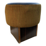 Black hexagonal pouf in fabric and faux leather, mid-century Hungarian ottoman from the 1950s.