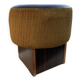 Black hexagonal pouf in fabric and faux leather, mid-century Hungarian ottoman from the 1950s.