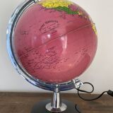 World map, luminous terrestrial globe Tecnodidattica vintage fuchsia pink background 70s