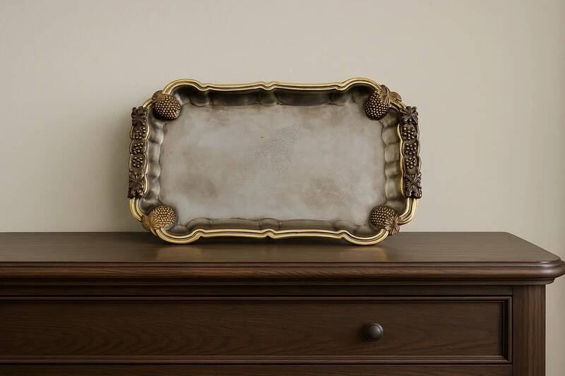 Antique silver-plated metal tray with gilt edges – Grape cluster motif