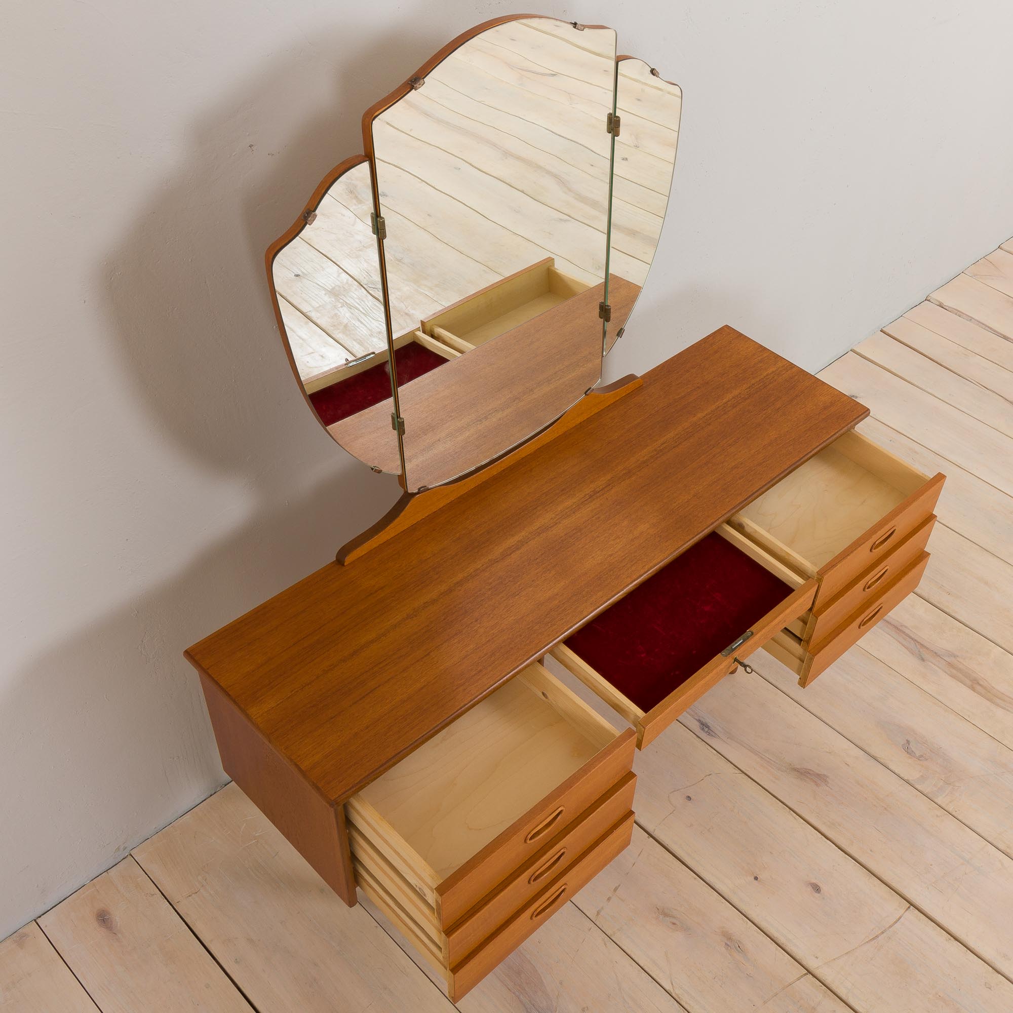 Vintage Scandinavian teak dressing table with adjustable mirrors and 7 drawers, Denmark 1960s
