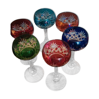 6 glasses with colorful drinking crystal stemmed wine attributed to Saint Louis