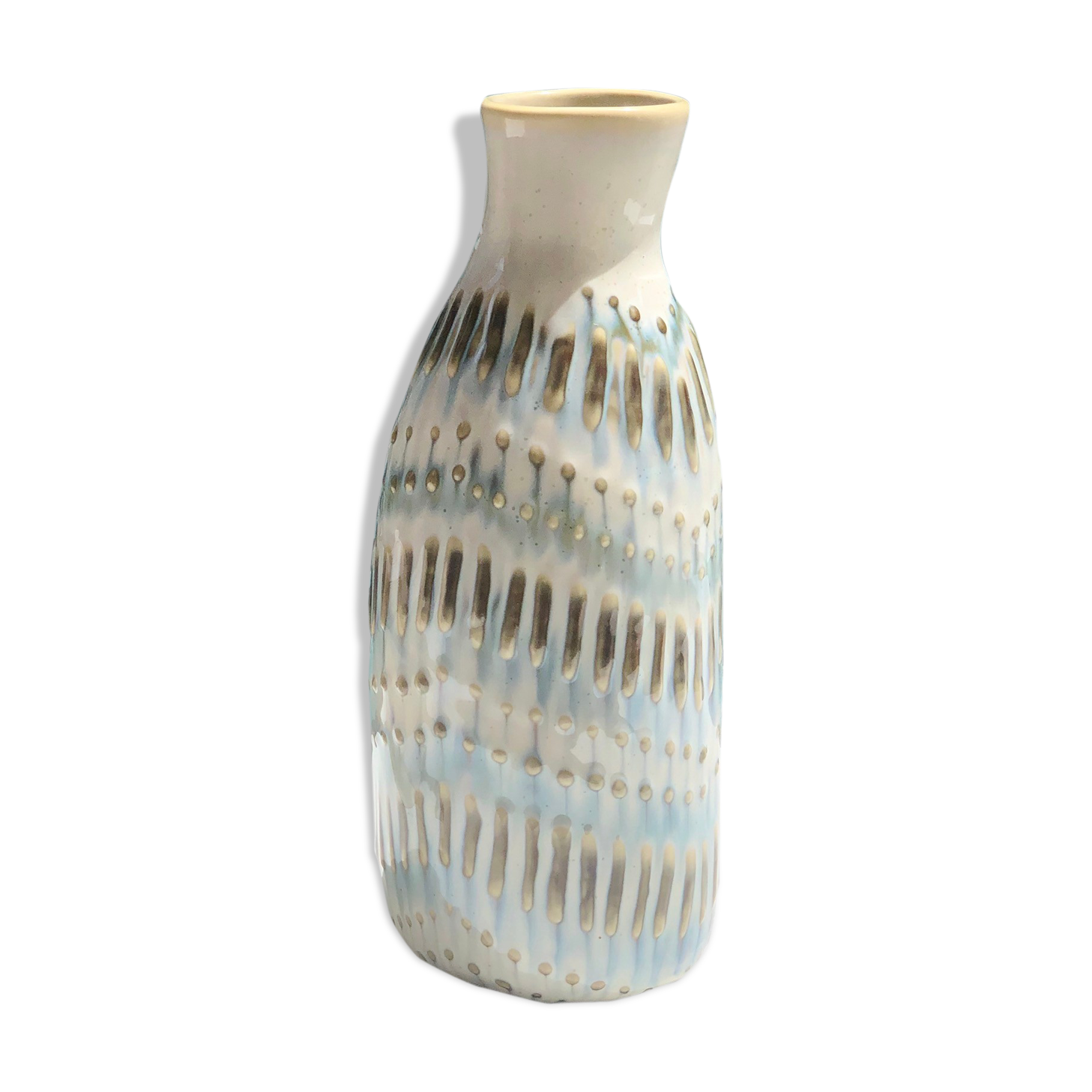 Handcrafted vase in ceramic enamelled enamelled ecru ethnic motif