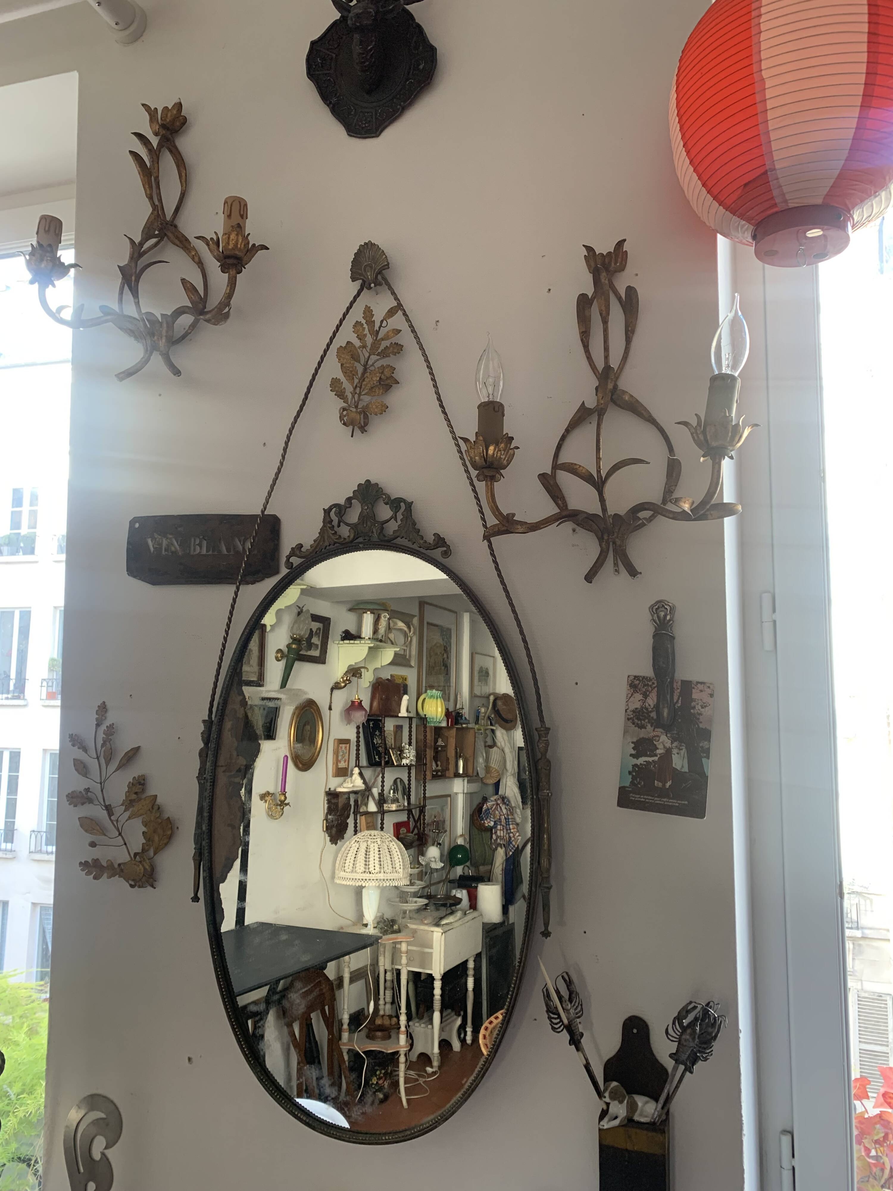 Large French Napoleon III Period Oval Bronze Wall Mirror, 19th Century