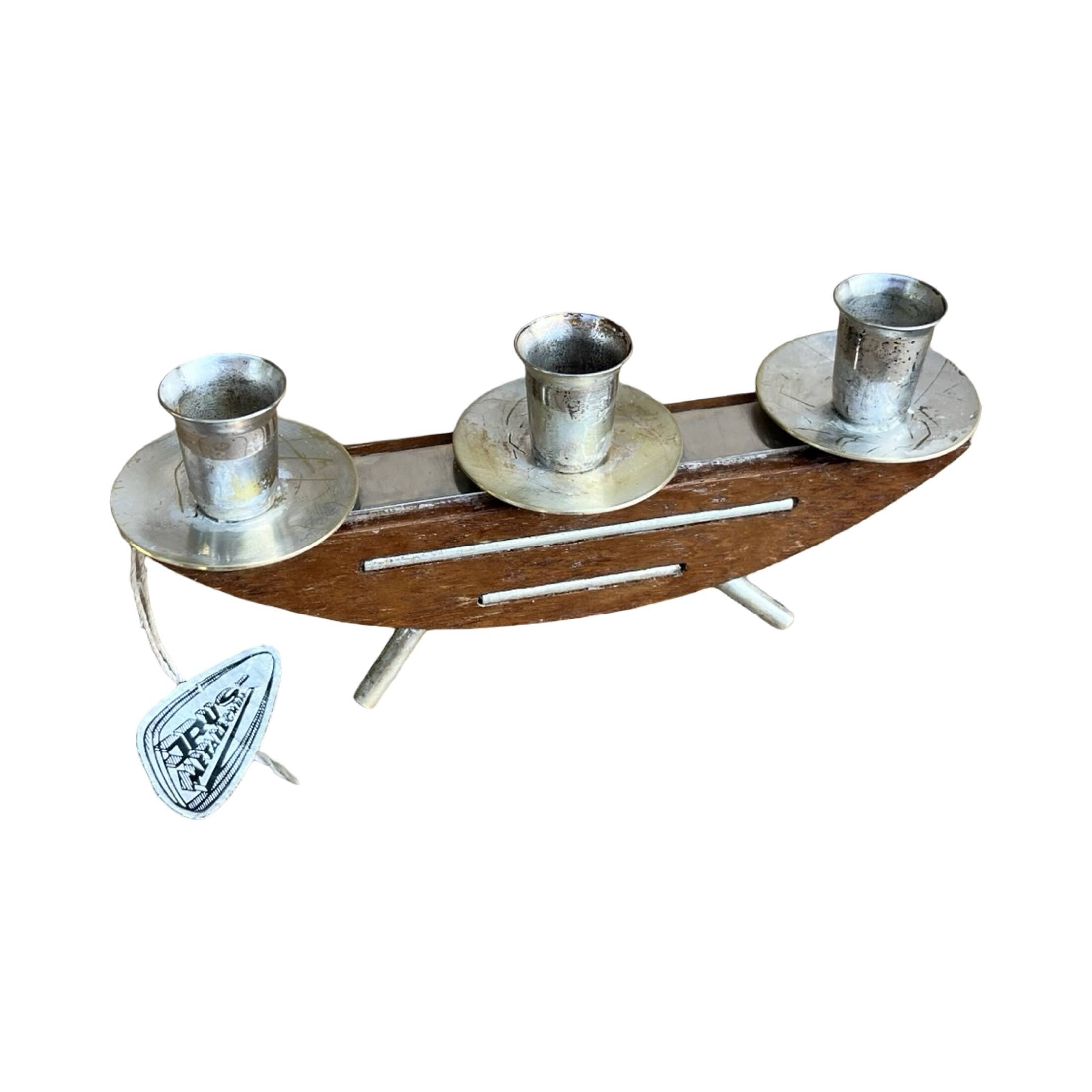Stylish mid‑century modern candlestick JRUS‑Metall wood+metal German 1960